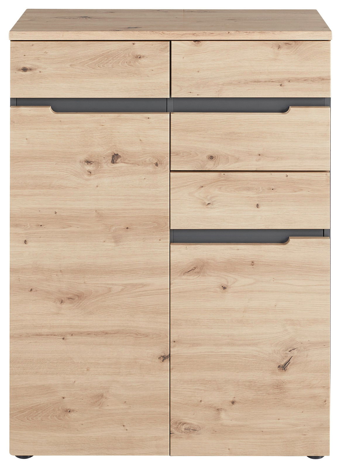 Frontansicht einer modernen Kommode aus hellem Holz mit mehreren Schubladen und Türen.