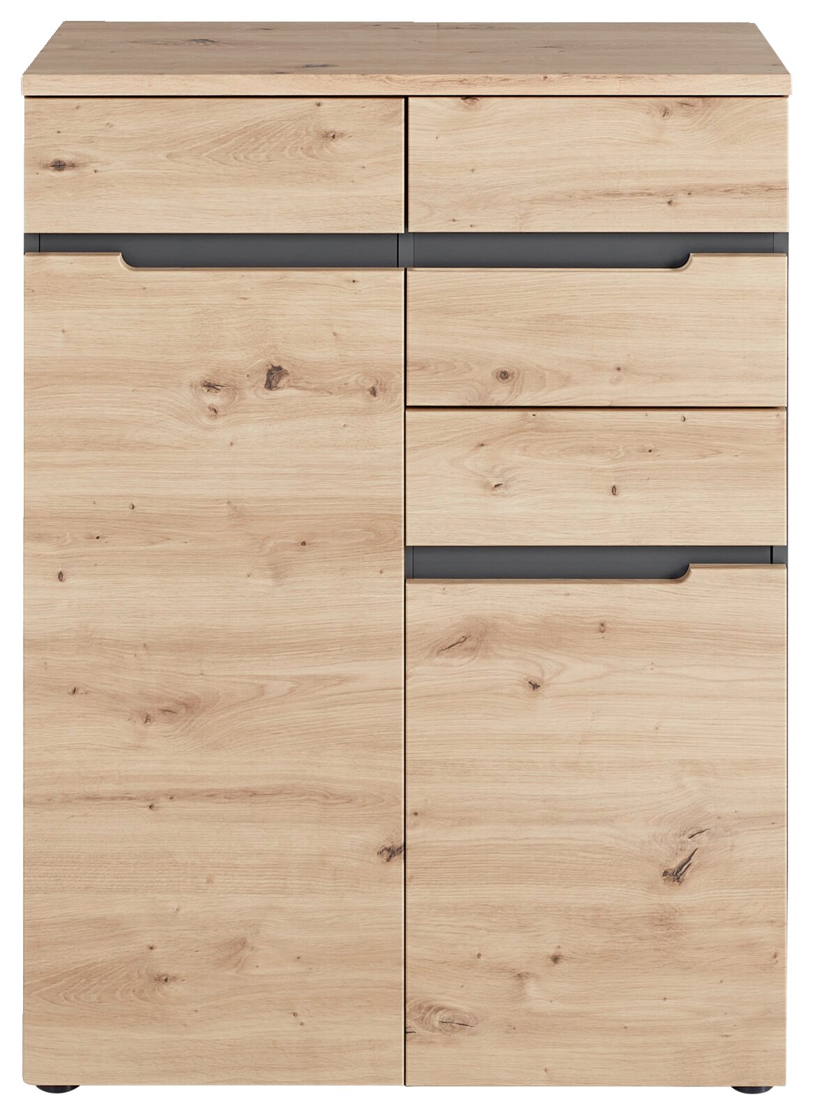 Frontansicht einer modernen Kommode aus hellem Holz mit mehreren Schubladen und Türen.