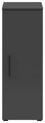 Frontansicht eines grauen Mehrzweckschranks mit einer Tür und einem schwarzen Griff.