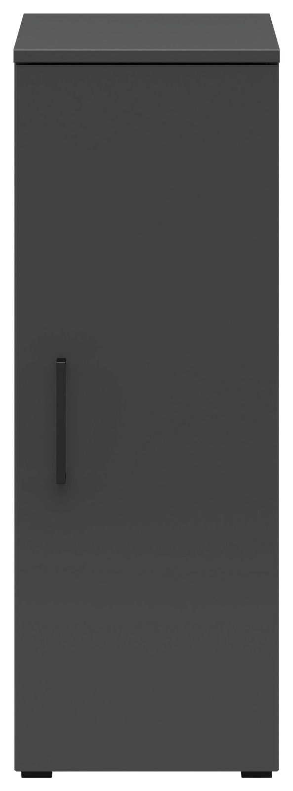 Frontansicht eines grauen Mehrzweckschranks mit einer Tür und einem schwarzen Griff.