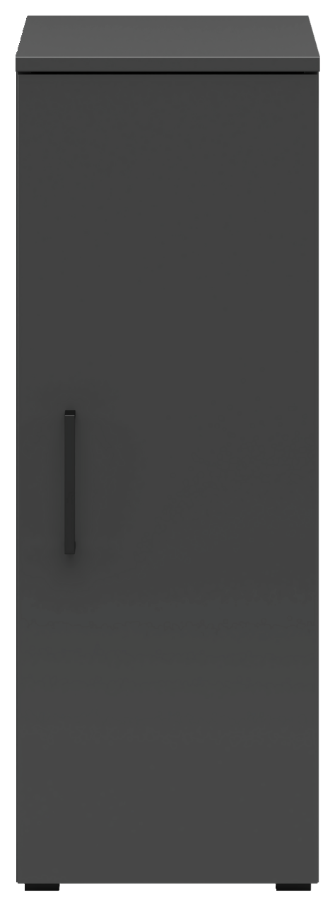 Frontansicht eines grauen Mehrzweckschranks mit einer Tür und einem schwarzen Griff.
