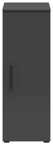 Frontansicht eines grauen Mehrzweckschranks mit einer Tür und einem schwarzen Griff.