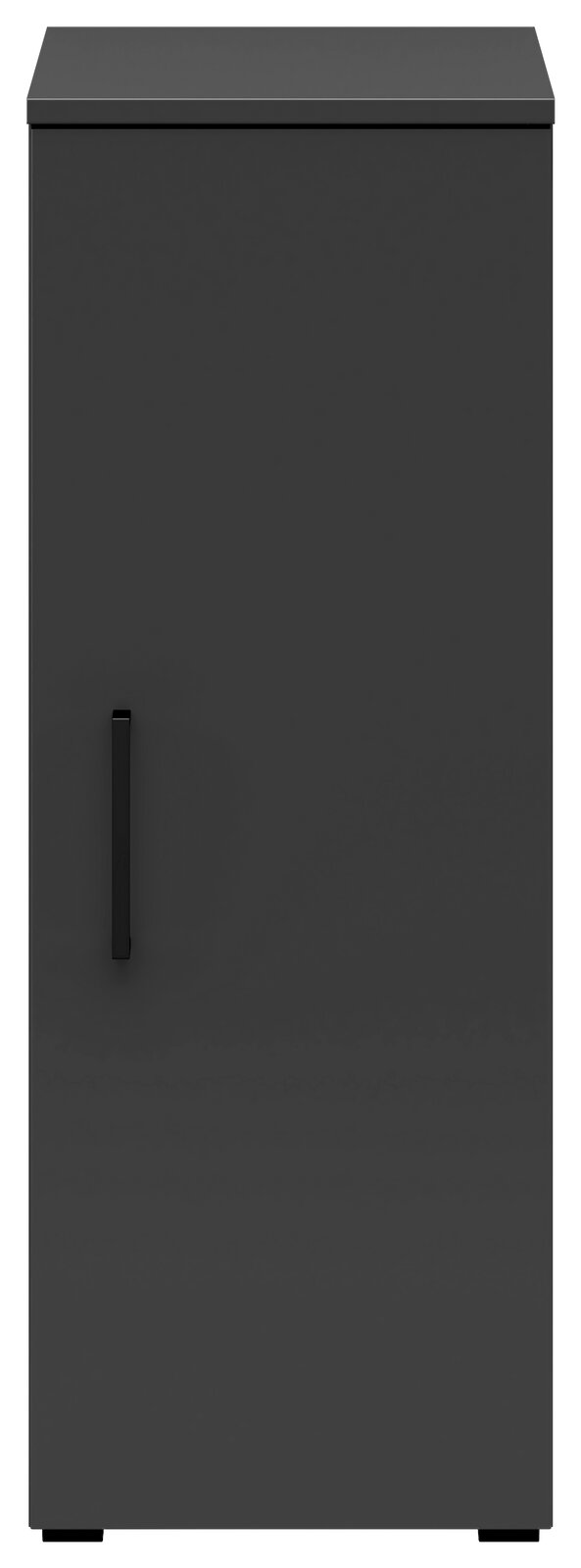 Frontansicht eines grauen Mehrzweckschranks mit einer Tür und einem schwarzen Griff.