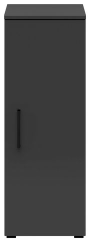 Frontansicht eines grauen Mehrzweckschranks mit einer Tür und einem schwarzen Griff.