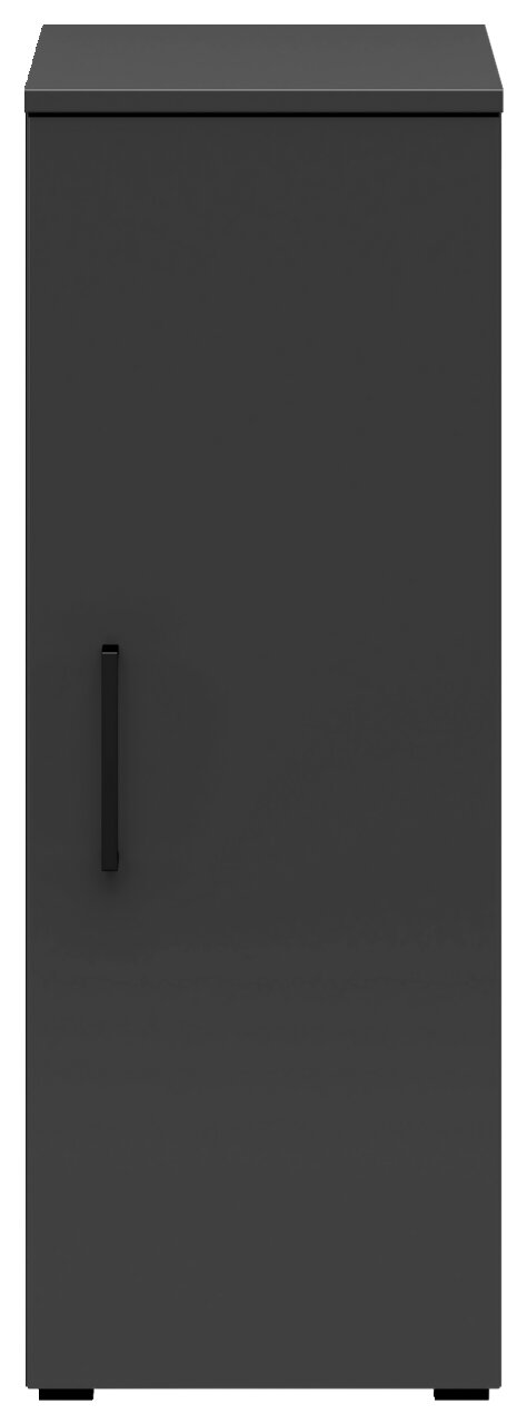 Frontansicht eines grauen Mehrzweckschranks mit einer Tür und einem schwarzen Griff.