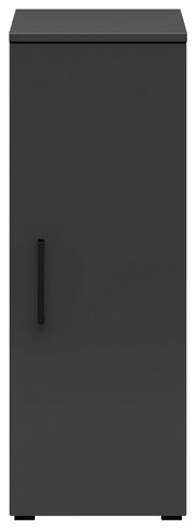 Frontansicht eines grauen Mehrzweckschranks mit einer Tür und einem schwarzen Griff.