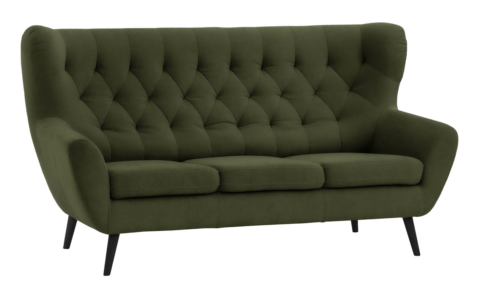 Stylife Sofa 3-Sitzer SKAGEN Grünes 3-Sitzer-Sofa mit Knopfheftung und schwarzen Beinen, seitliche Perspektive