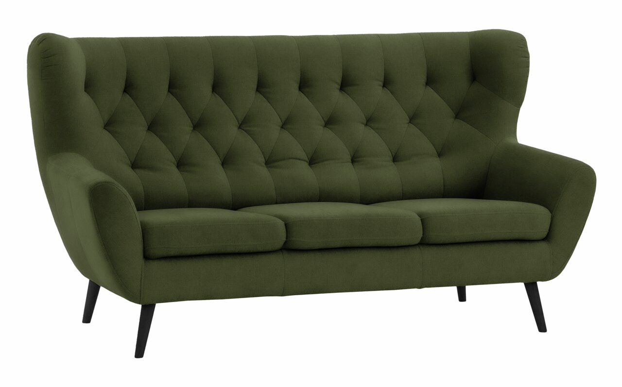 Grünes 3-Sitzer-Sofa mit Knopfheftung und schwarzen Beinen, seitliche Perspektive