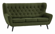 Grünes 3-Sitzer-Sofa mit Knopfheftung und schwarzen Beinen, seitliche Perspektive