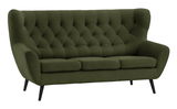 Grünes 3-Sitzer-Sofa mit Knopfheftung und schwarzen Beinen, seitliche Perspektive