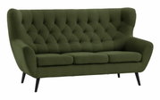 Grünes 3-Sitzer-Sofa mit Knopfheftung und schwarzen Beinen, seitliche Perspektive