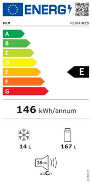 EU-Energielabel für PKM KS184.4EEB, Energieeffizienzklasse E, 146 kWh/Jahr, 167 l Kühlteil und 14 l Gefrierteil, Geräusch 39 dB (Klasse C), frontale Ansicht.