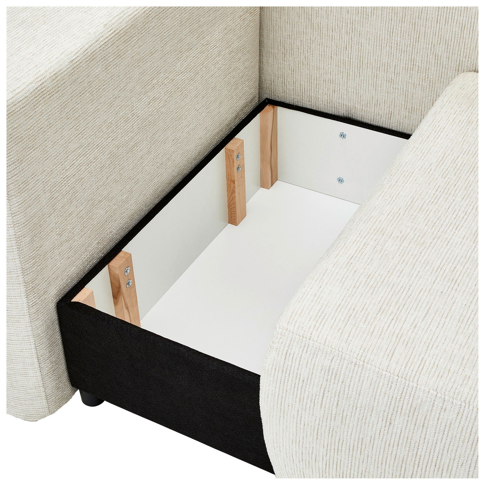 Innenansicht eines Recamiere-Sofas mit Stauraum, von oben betrachtet.