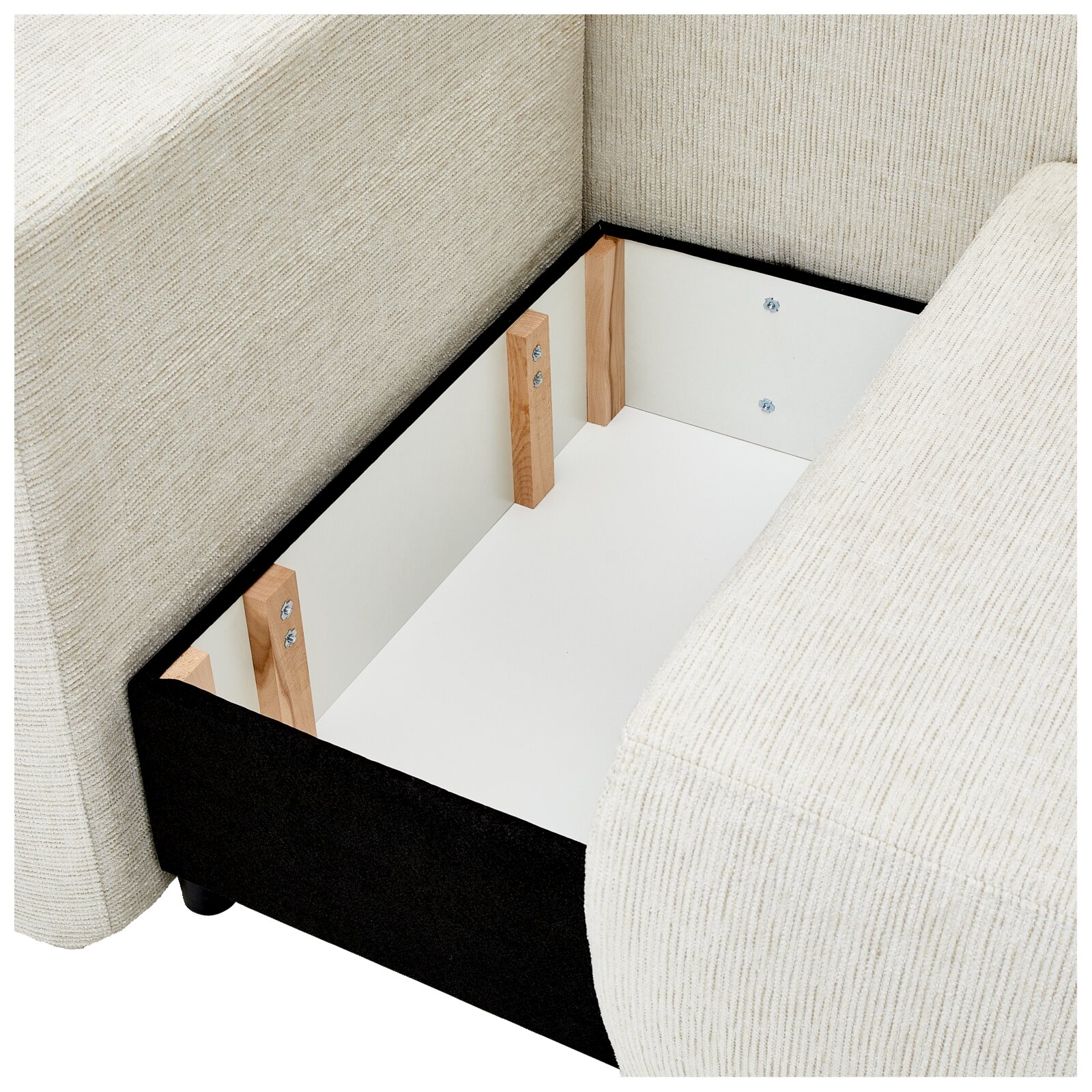 Innenansicht eines Recamiere-Sofas mit Stauraum, von oben betrachtet.