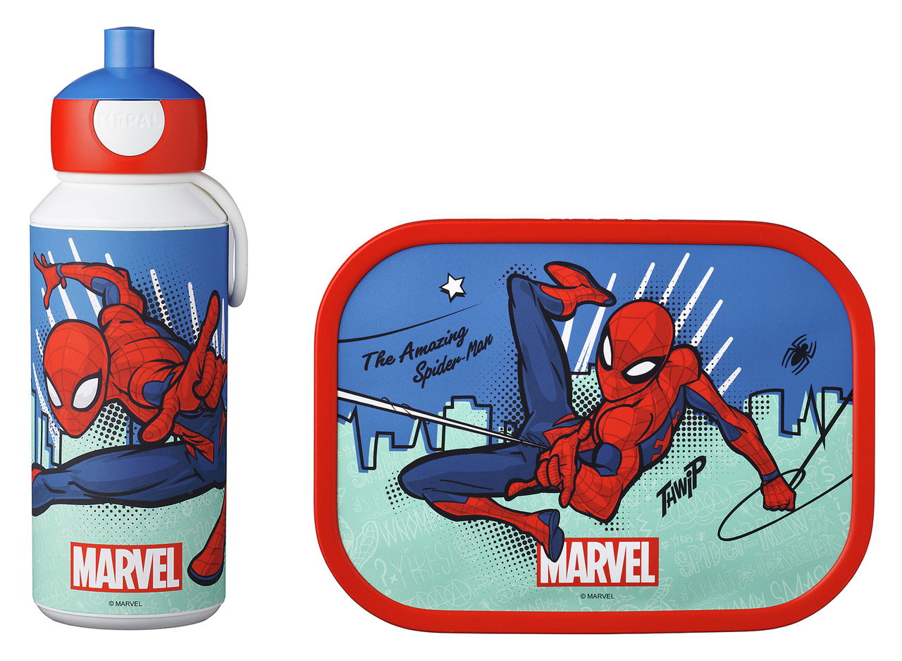 Spiderman Campus-Set bestehend aus einer Trinkflasche und einer Brotdose, Vorderansicht