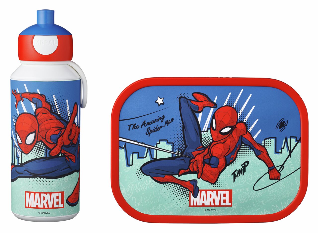 Spiderman-campusset bestaande uit een drinkfles en een broodtrommel, vooraanzicht