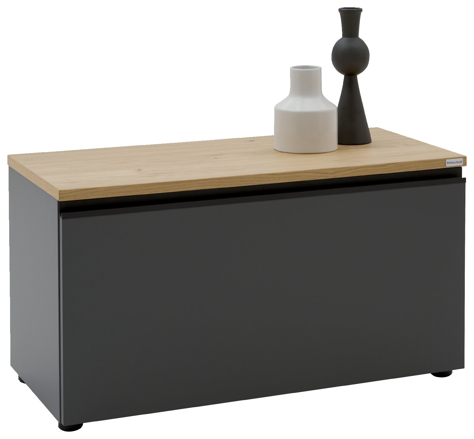 Dieter Knoll Lowboard LENDINA Modernes Sideboard/Lowboard in Anthrazit mit Eiche-Holzplatte und zwei dekorativen Vasen, freigestellt vor weißem Hintergrund, Perspektive: frontale Ansicht leicht von oben