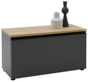 Modernes Sideboard/Lowboard in Anthrazit mit Eiche-Holzplatte und zwei dekorativen Vasen, freigestellt vor weißem Hintergrund, Perspektive: frontale Ansicht leicht von oben