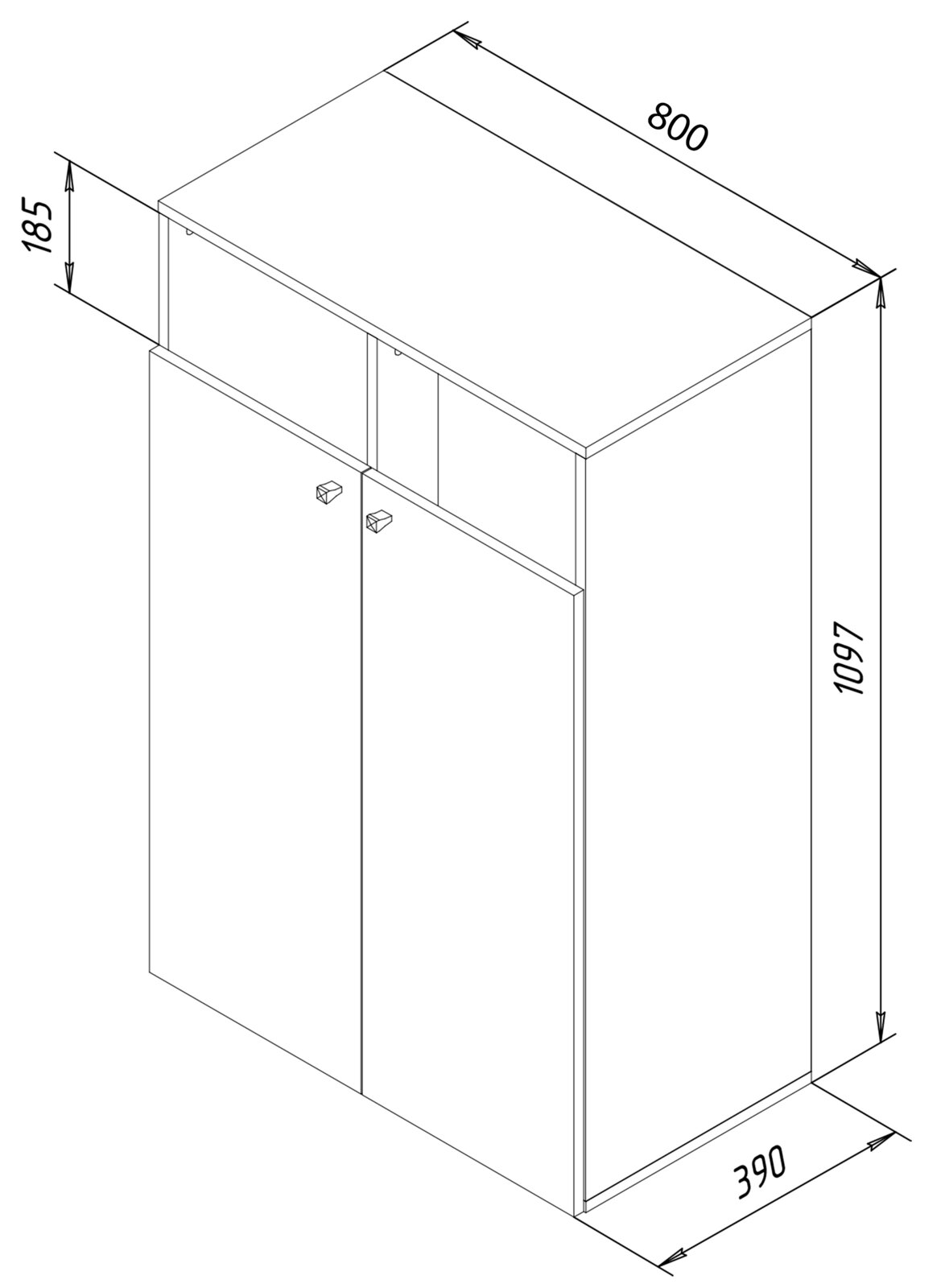 Technische isometrische Zeichnung eines schmalen zweitürigen Schranks mit zwei Griffen, Maße ca. 1097 mm Höhe, 800 mm Breite und 390 mm Tiefe, Perspektive: schräg von vorne oben.