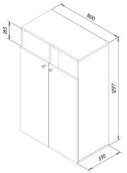 Technische isometrische Zeichnung eines schmalen zweitürigen Schranks mit zwei Griffen, Maße ca. 1097 mm Höhe, 800 mm Breite und 390 mm Tiefe, Perspektive: schräg von vorne oben.