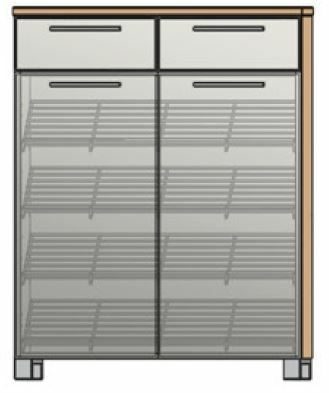 Moderner Schuhschrank mit zwei Schubladen und Glastüren, frontale Ansicht.