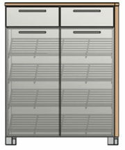 Moderner Schuhschrank mit zwei Schubladen und Glastüren, frontale Ansicht.