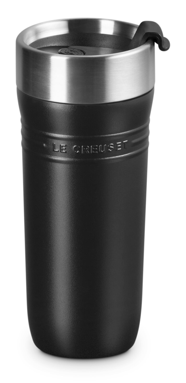 Schwarzer Thermobecher 350ml mit Edelstahlrand, seitliche Ansicht