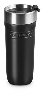 Schwarzer Thermobecher 350ml mit Edelstahlrand, seitliche Ansicht