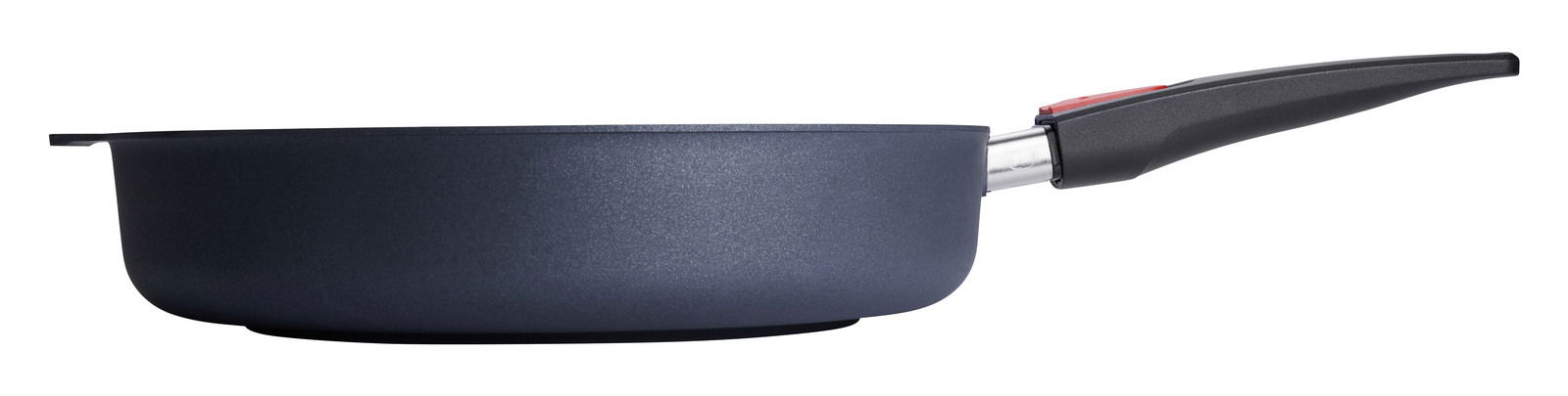 Seitenansicht einer Guss-Hochrandpfanne mit 32 cm Durchmesser und ergonomischem Griff.