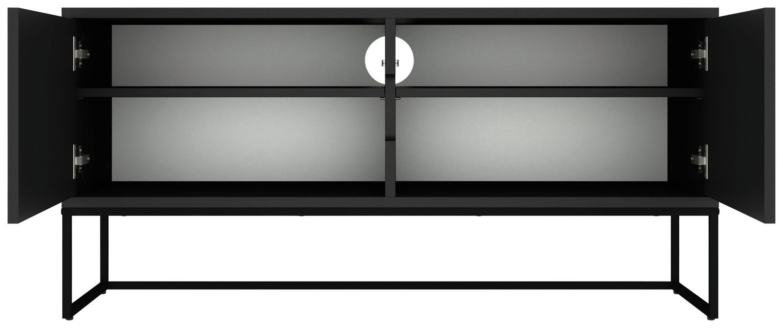 XORA TV-Lowboard LIPP Frontansicht eines schwarzen TV-Lowboards mit offenen Türen und zwei Regalböden.