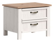 Nachtkommode mit zwei Schubladen, weiß mit Holzoberfläche, Perspektive von vorne