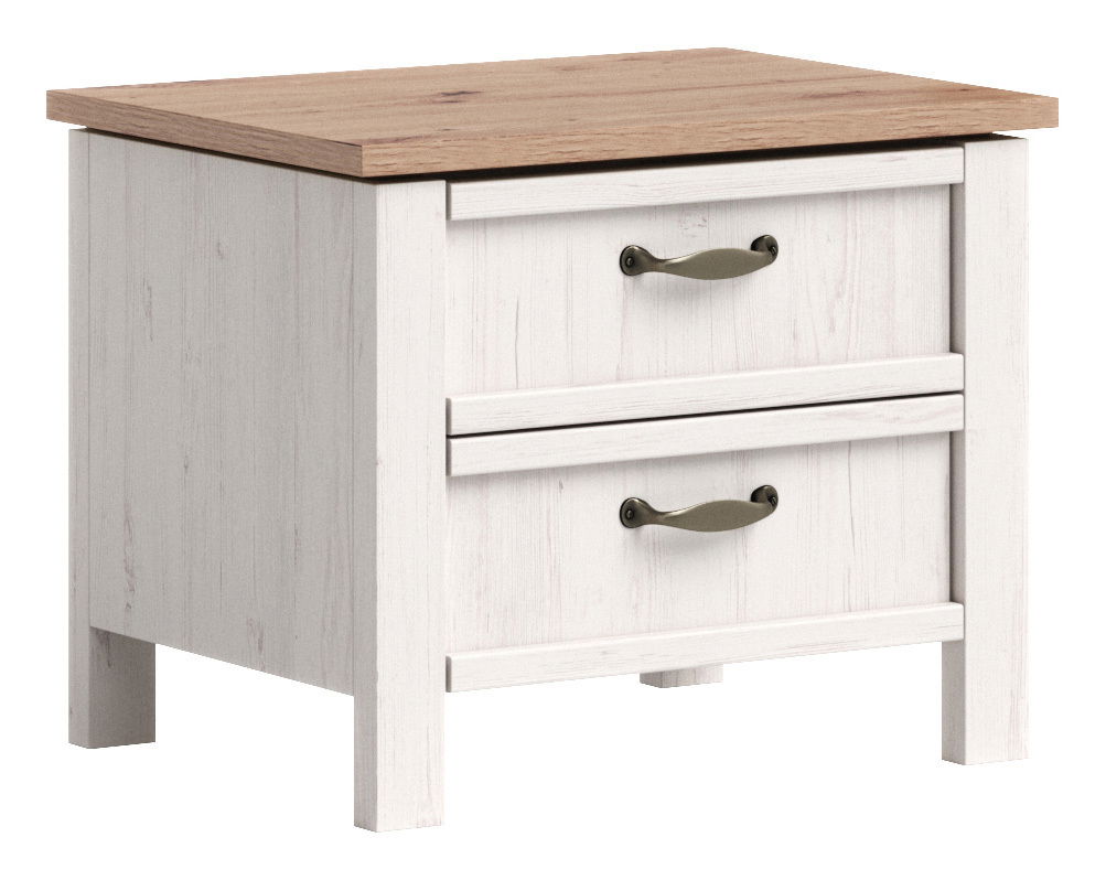 Nachtkommode mit zwei Schubladen, weiß mit Holzoberfläche, Perspektive von vorne