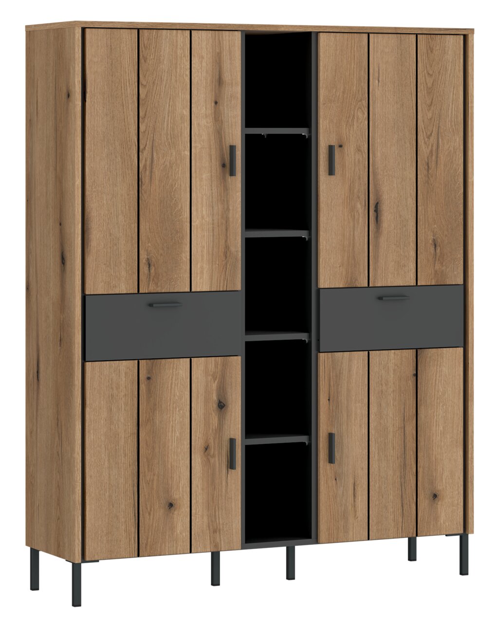 Z2 Highboard SHIRLEY Hohes Highboard aus Holz mit dunklen Akzenten, mehreren Türen und offenen Regalfächern, frontal betrachtet.