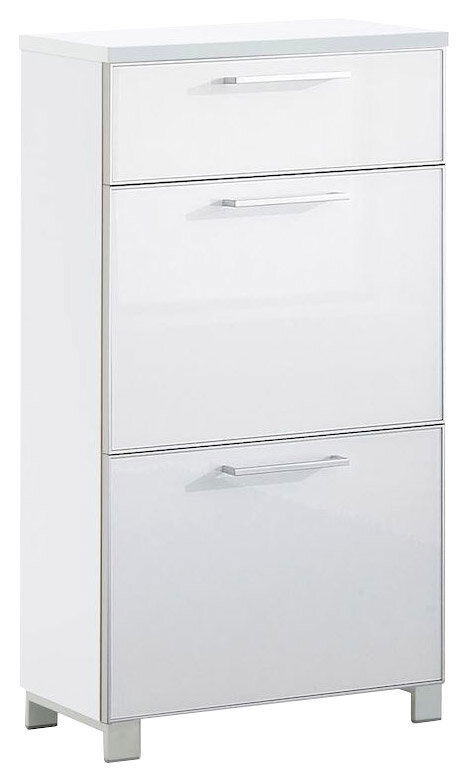 Schmaler, weißer Schuhschrank mit drei Klappen, frontal abgebildet.