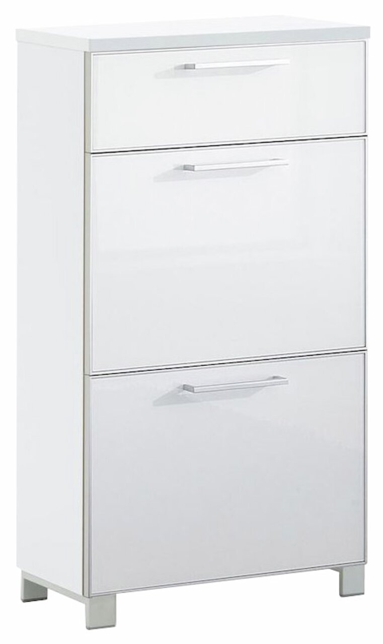 VOSS Smalle schoenenkast SANTINA Smalle, witte schoenenkast met drie kleppen, afgebeeld vanaf de voorkant.