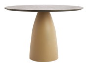 Runder Esstisch mit konischem Sockel aus Holz, seitliche Perspektive