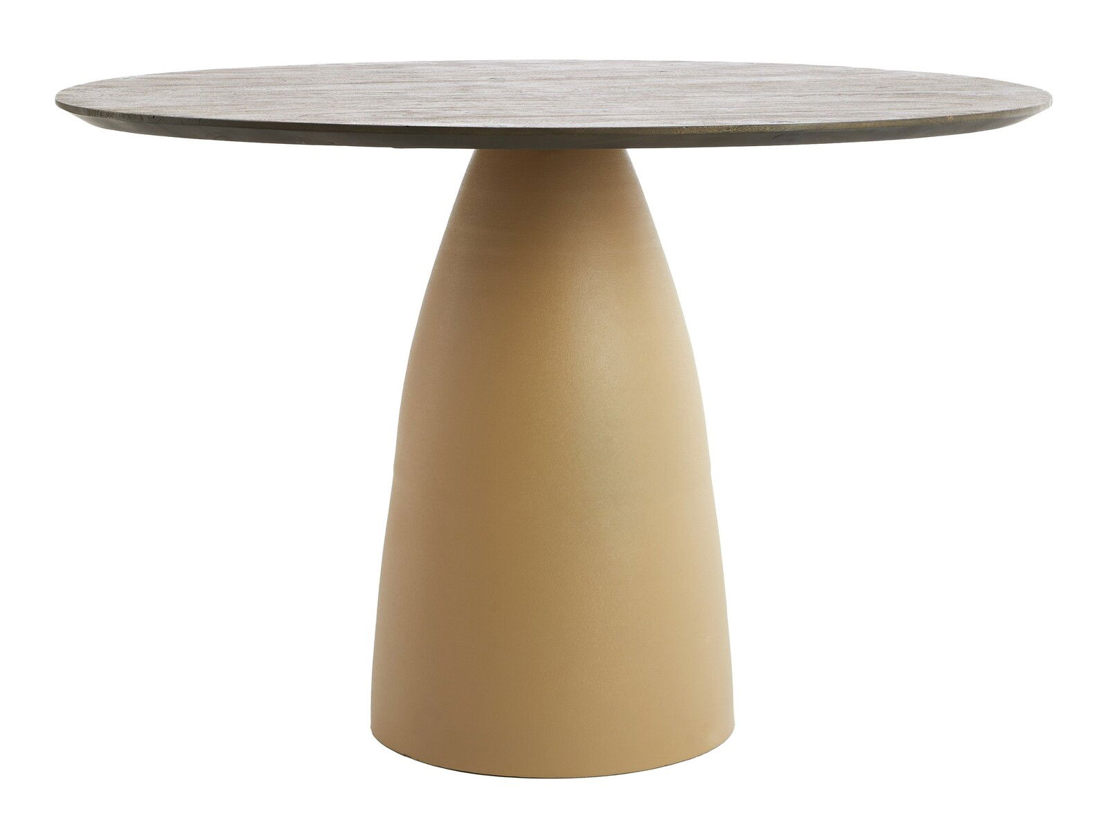 Runder Esstisch mit konischem Sockel aus Holz, seitliche Perspektive