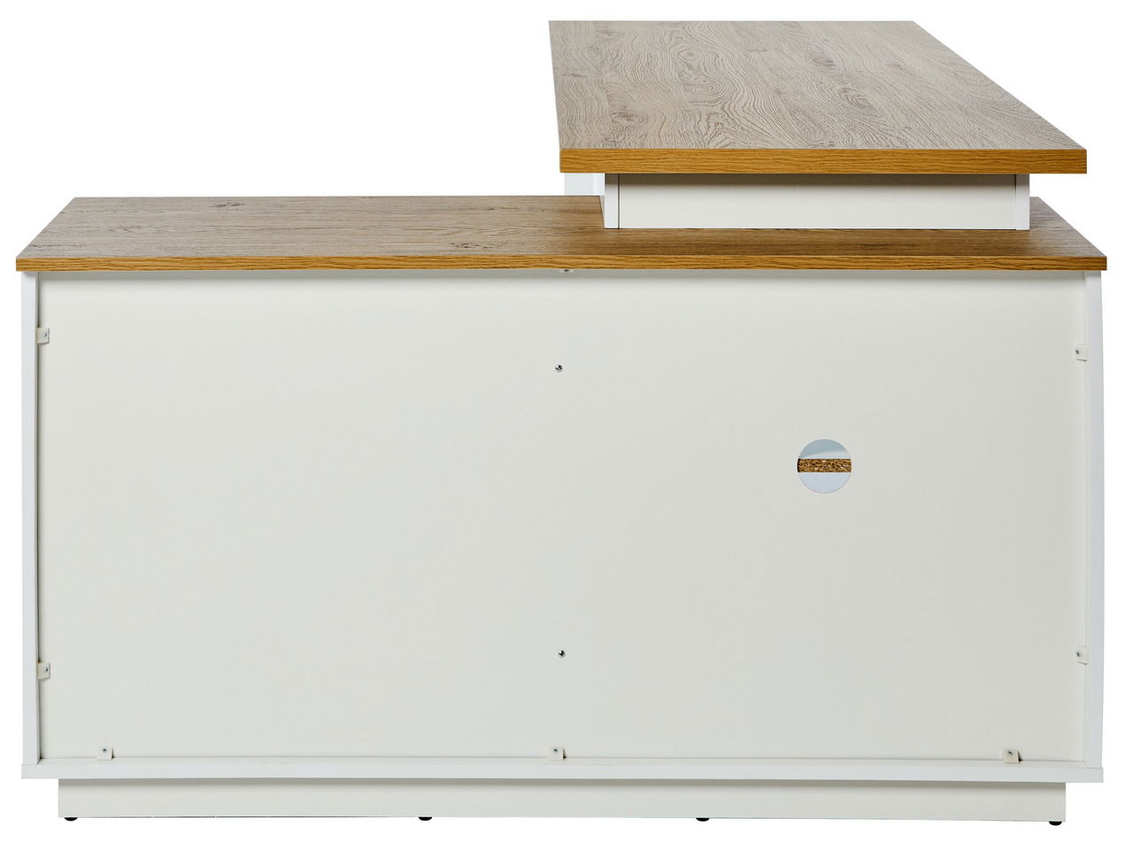 Eck-Schreibtisch in Holzoptik und Weiß, Ansicht von hinten