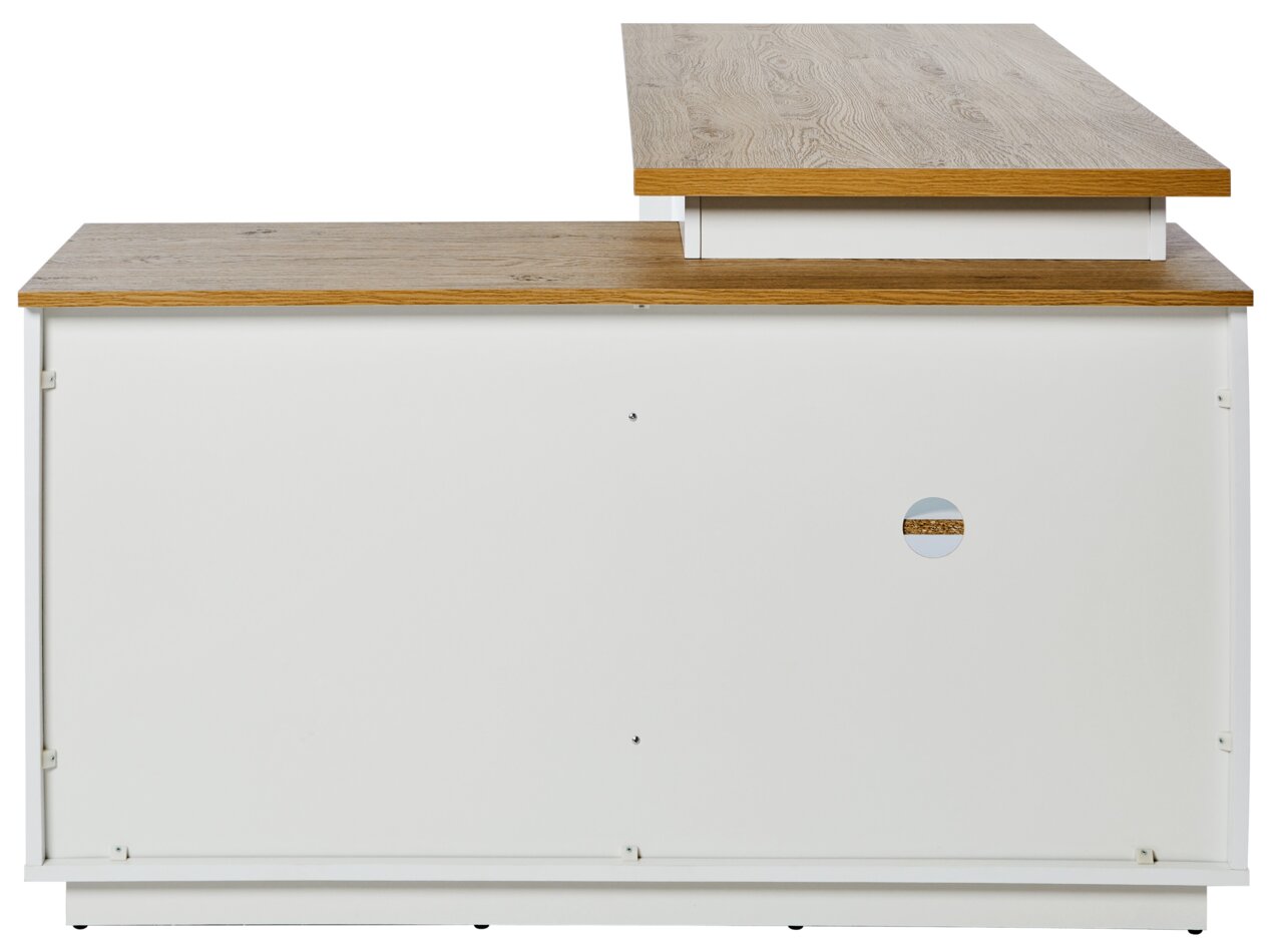 Eck-Schreibtisch in Holzoptik und Weiß, Ansicht von hinten