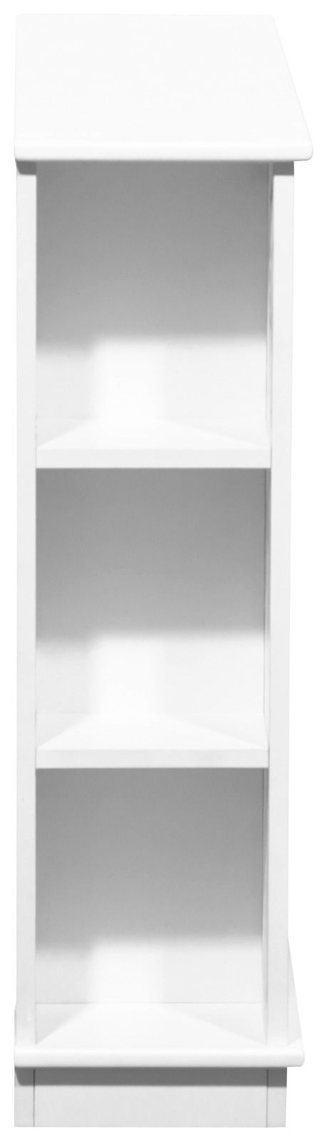 Weißes Regal mit drei offenen Fächern, seitliche Perspektive