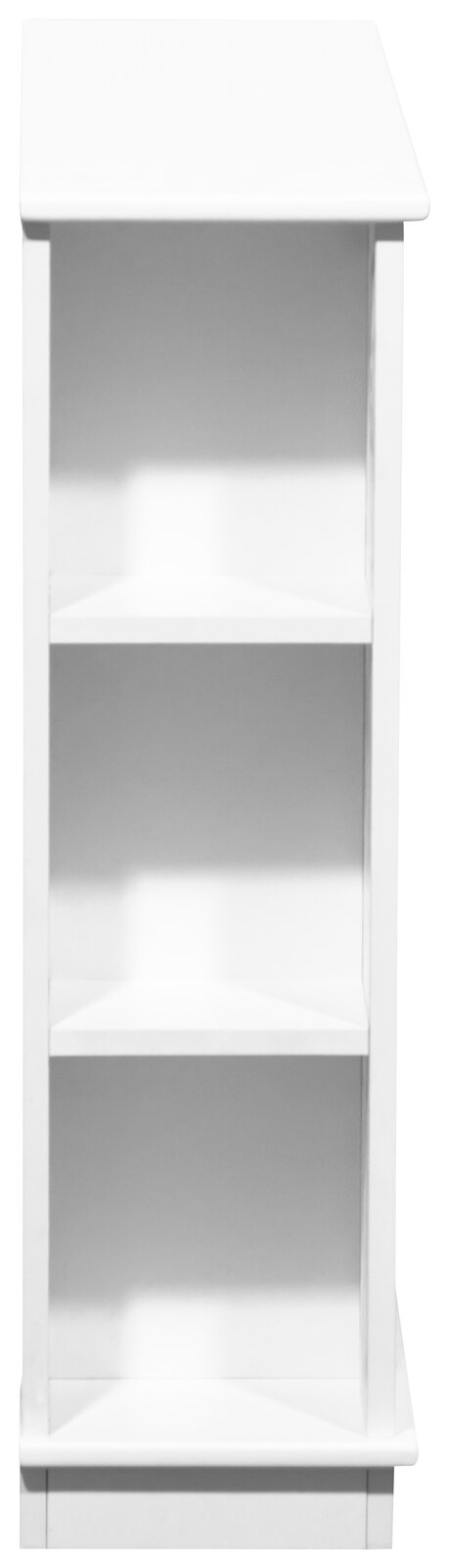 Weißes Regal mit drei offenen Fächern, seitliche Perspektive