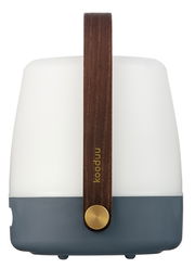 Frontansicht einer modernen tragbaren Lampe mit Holzgriff und elegantem Design.