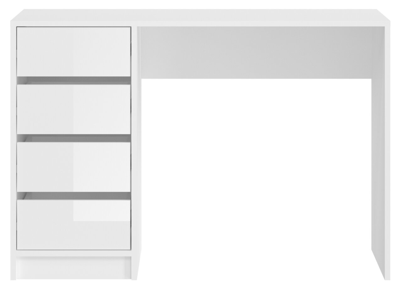 Weißer Schminktisch mit vier Schubladen, seitliche Perspektive