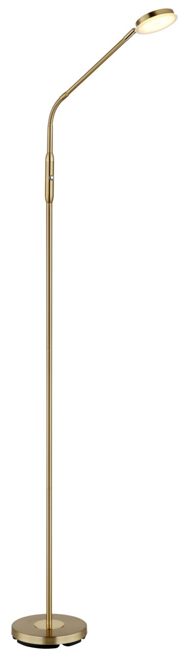 Elegante LED-Stehleuchte in Goldoptik, seitliche Perspektive