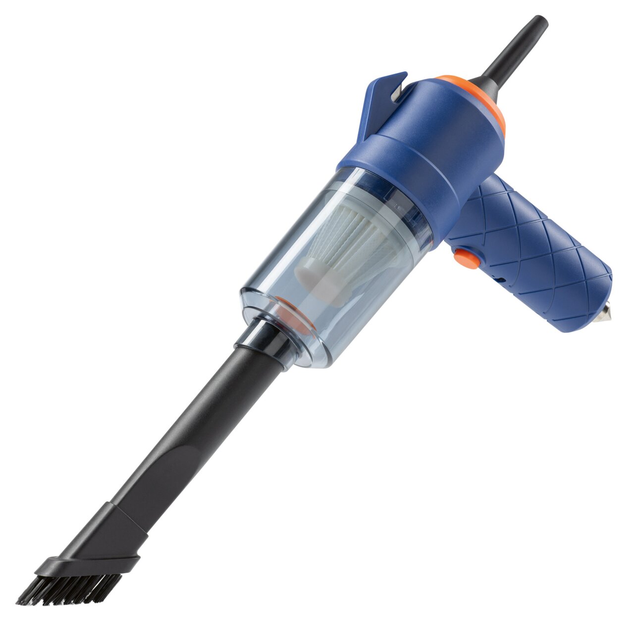 CLEANmaxx Handstaubsauger Blauer Handstaubsauger mit transparentem Staubbehälter und schmaler Düse, seitliche Perspektive