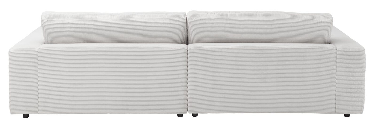Rückansicht eines kleinen Megasofas in hellem Stoff mit geripptem Design.