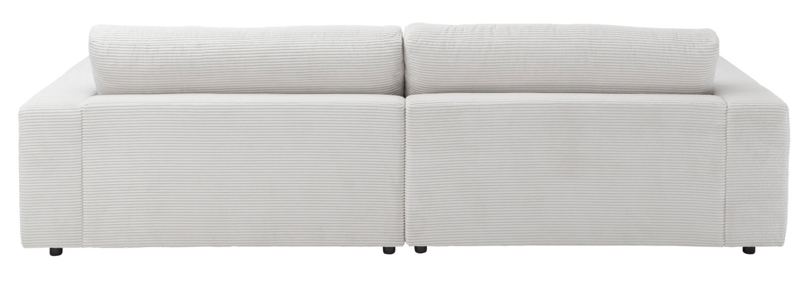 Rückansicht eines kleinen Megasofas in hellem Stoff mit geripptem Design.