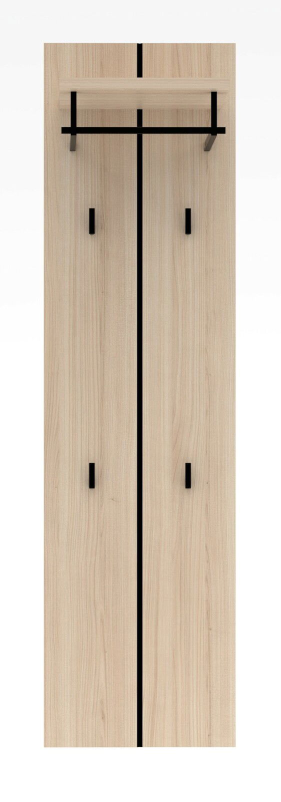 Frontale Ansicht einer modernen Garderoben-Kombination aus Holz mit schwarzen Akzenten und Haken.