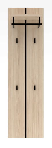 Frontale Ansicht einer modernen Garderoben-Kombination aus Holz mit schwarzen Akzenten und Haken.