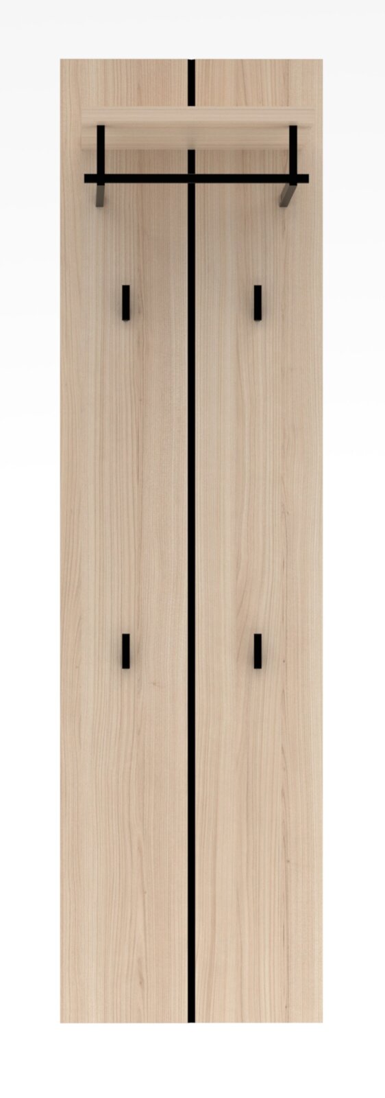 Frontale Ansicht einer modernen Garderoben-Kombination aus Holz mit schwarzen Akzenten und Haken.